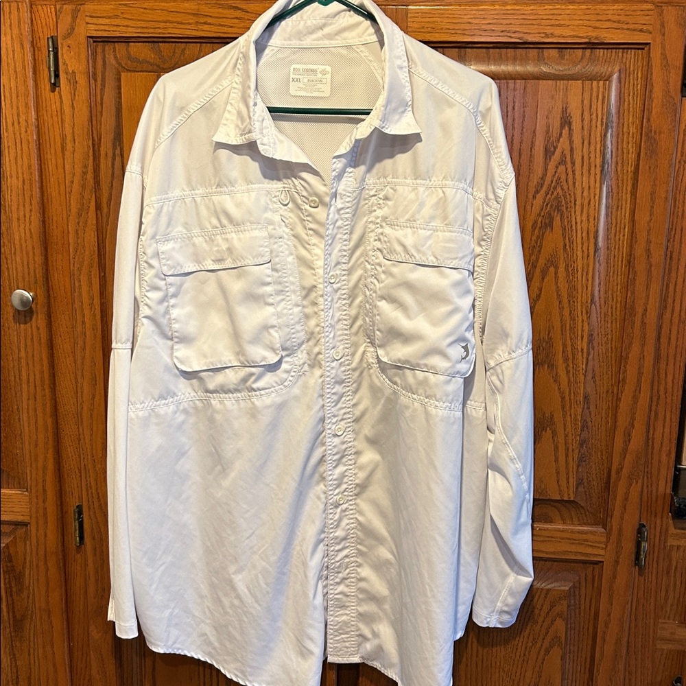 ReelLegends Wht “Blackfin” LongSleeve Shirt, XXL. Button down collar. Fish logo.